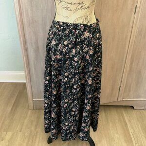 Vintage Maxi Skirt Ditzy floral black pink  button front elastic cottage 90’s M